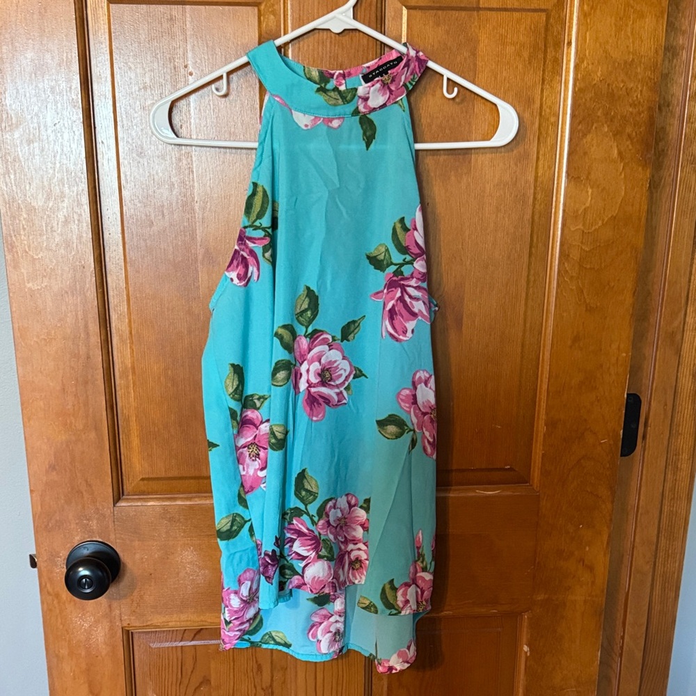 Aqua Floral Halter Tank with Pink Rose Print
